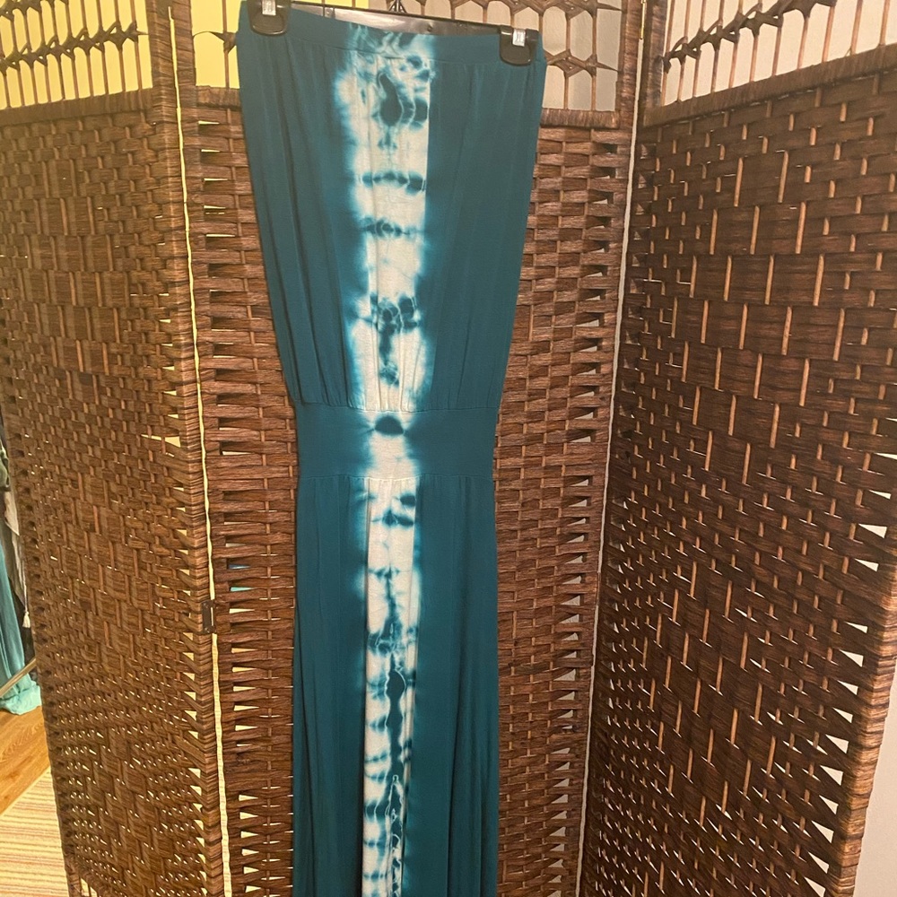 Teal/Dark Turquoise & White TieDye Strapless Maxi